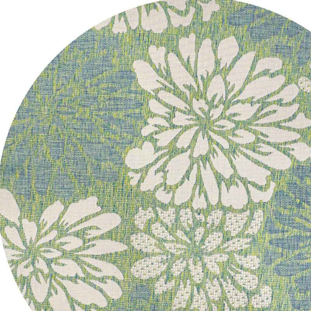 6' Cream And Green Round Floral Indoor Outdoor Area Rug