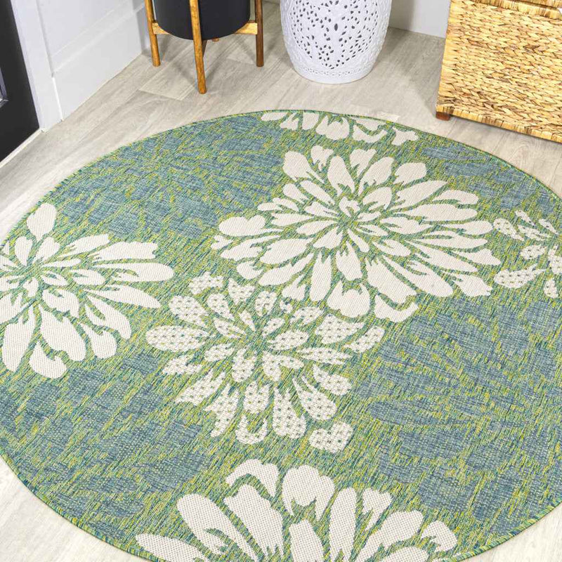 6' Cream And Green Round Floral Indoor Outdoor Area Rug