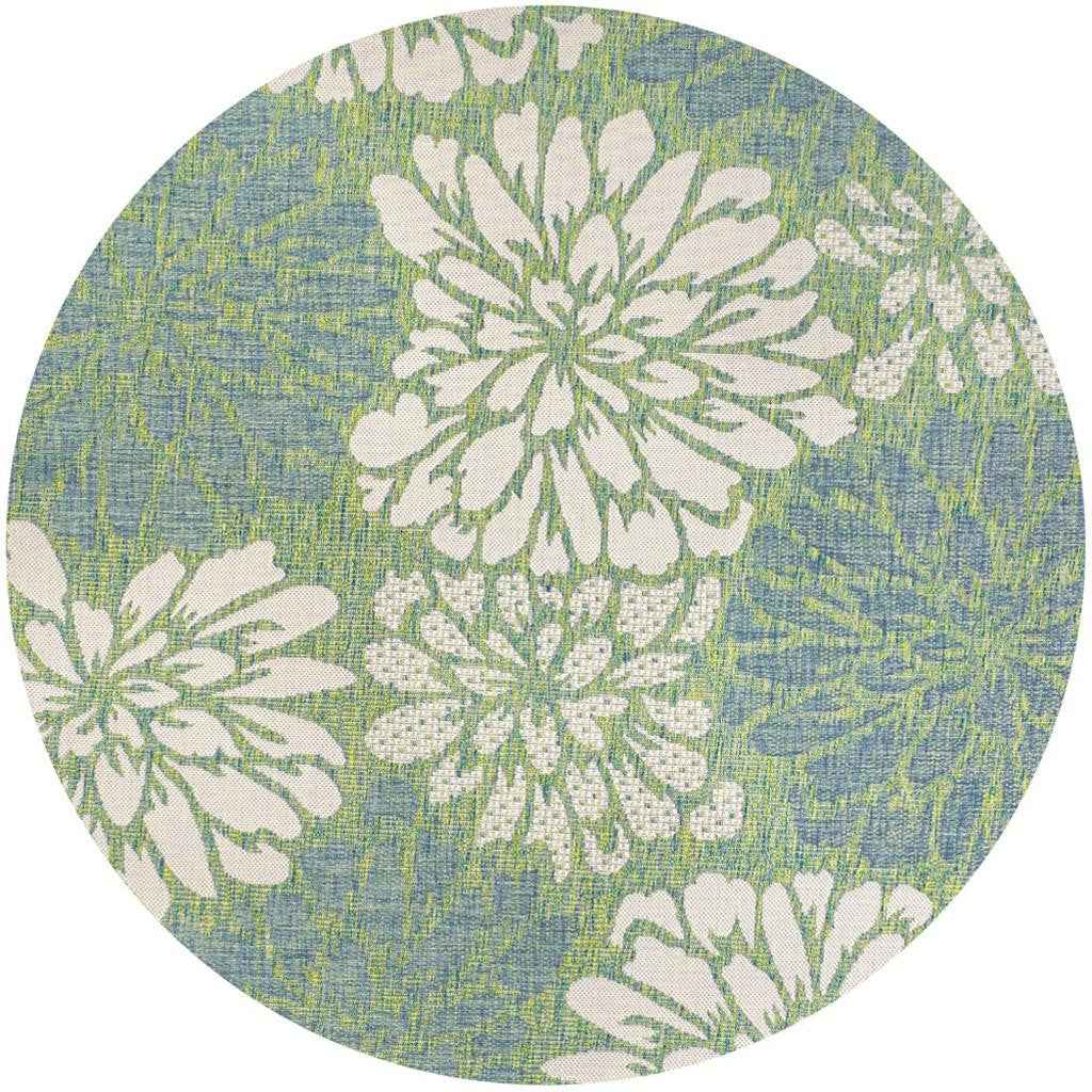 6' Cream And Green Round Floral Indoor Outdoor Area Rug