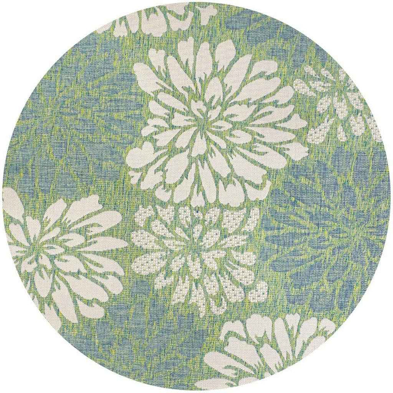 6' Cream And Green Round Floral Indoor Outdoor Area Rug