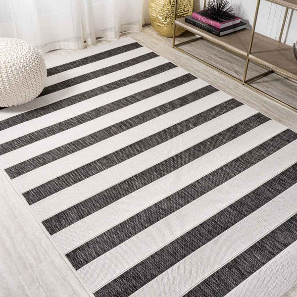 9' X 12' Black And Cream Striped Indoor Outdoor Area Rug