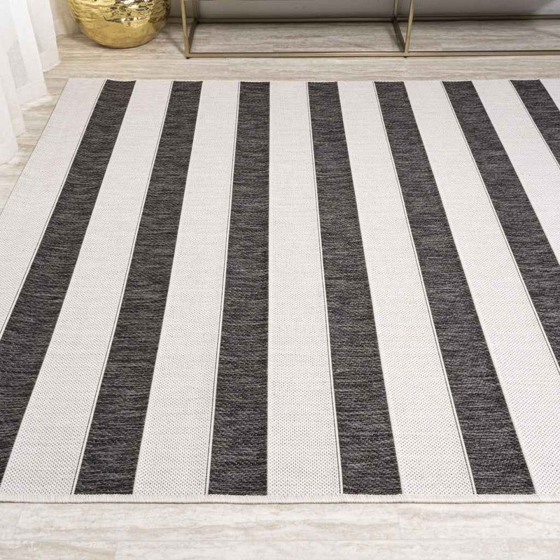 9' X 12' Black And Cream Striped Indoor Outdoor Area Rug