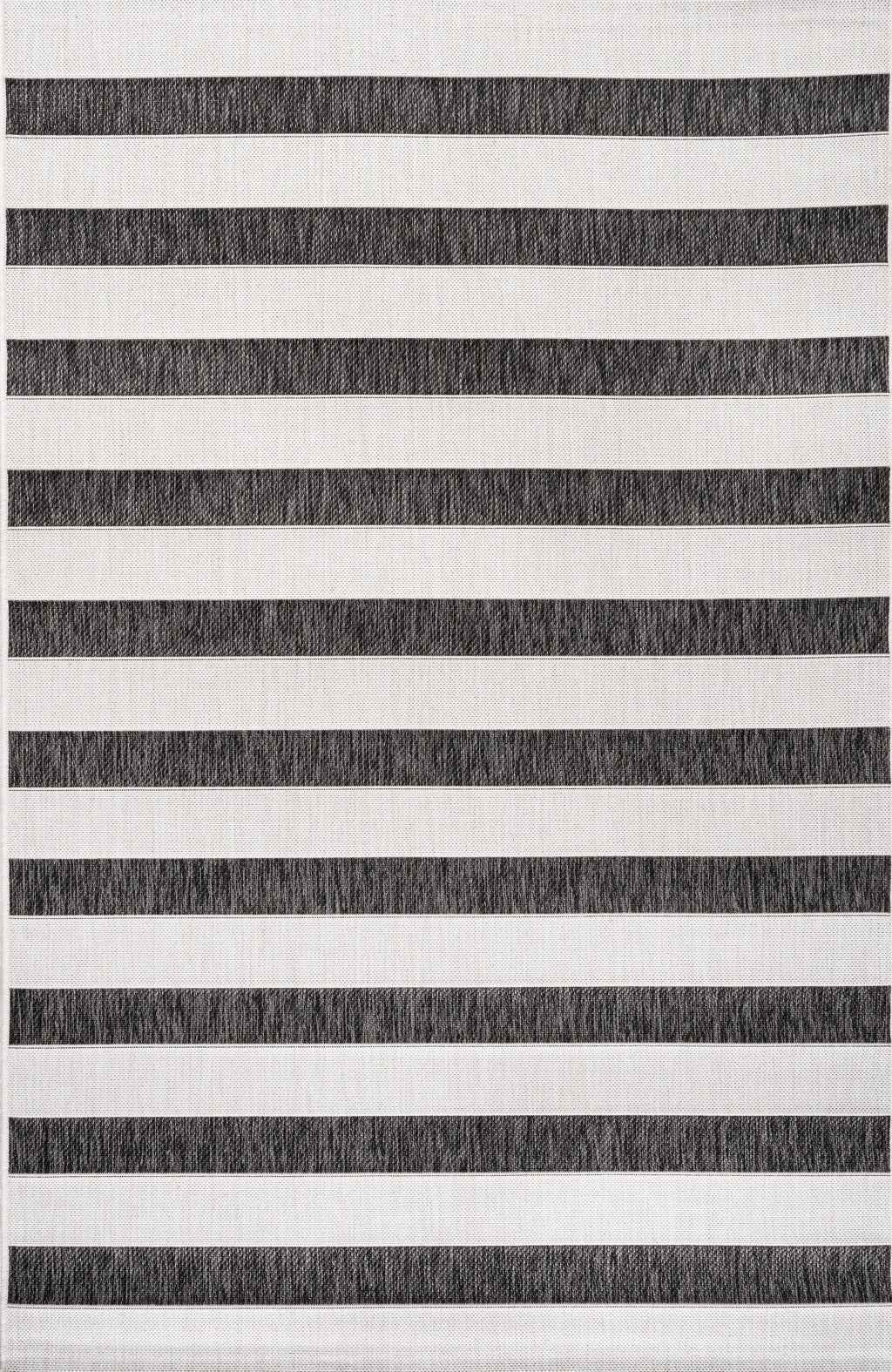 9' X 12' Black And Cream Striped Indoor Outdoor Area Rug