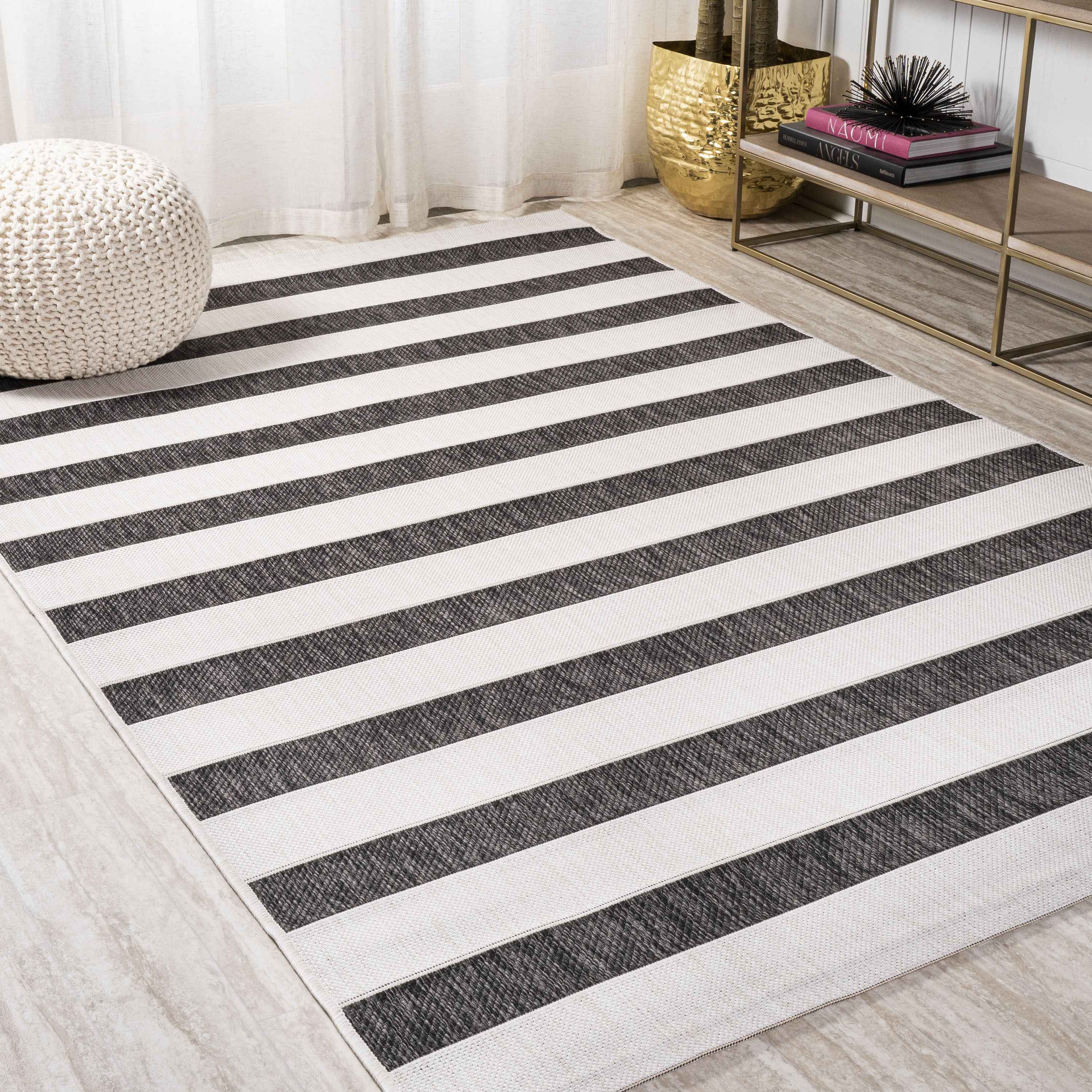 9' X 12' Black And Cream Striped Indoor Outdoor Area Rug