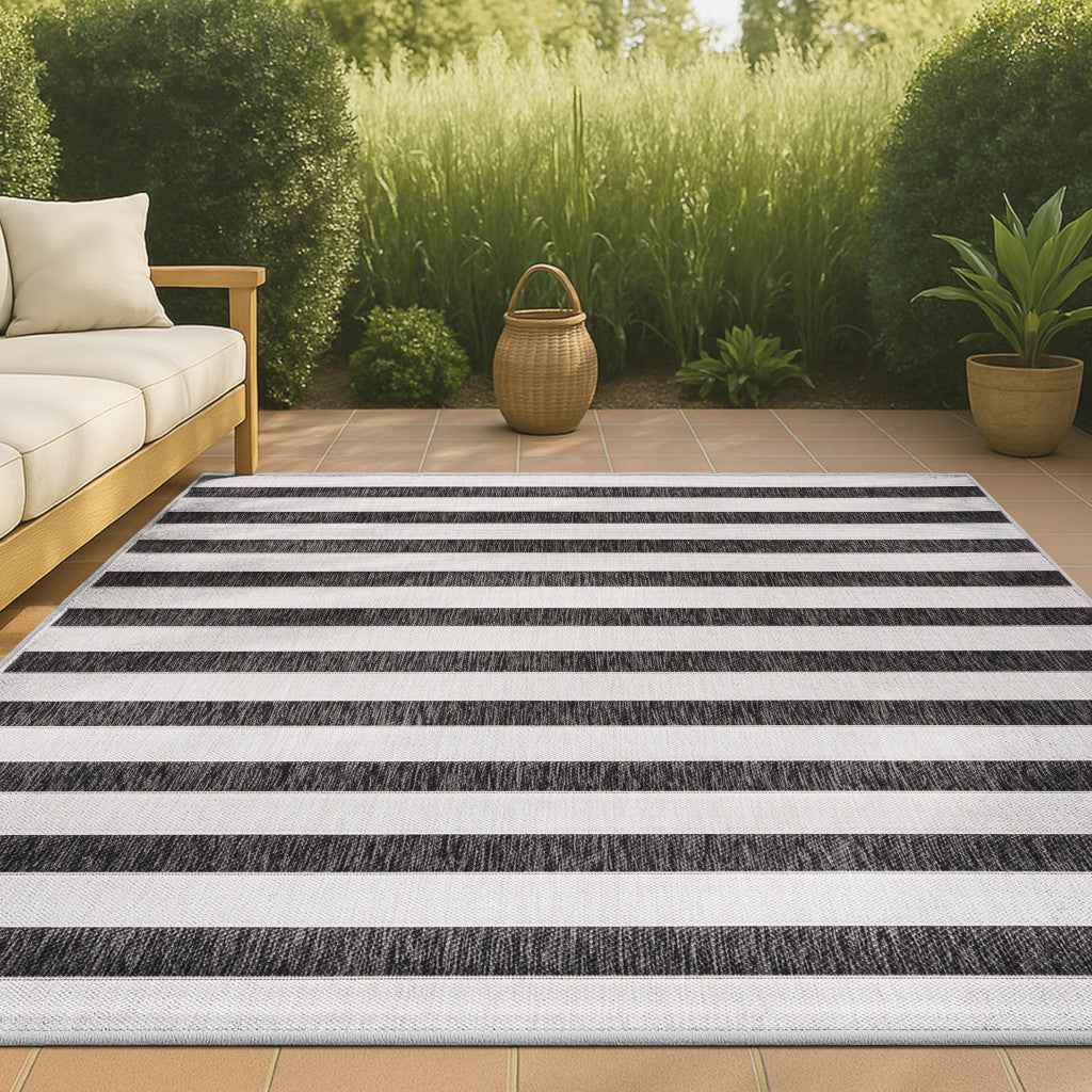 9' X 12' Black And Cream Striped Indoor Outdoor Area Rug
