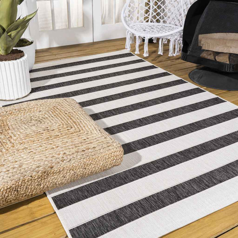 9' X 12' Black And Cream Striped Indoor Outdoor Area Rug