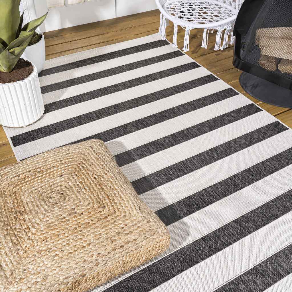 9' X 12' Black And Cream Striped Indoor Outdoor Area Rug