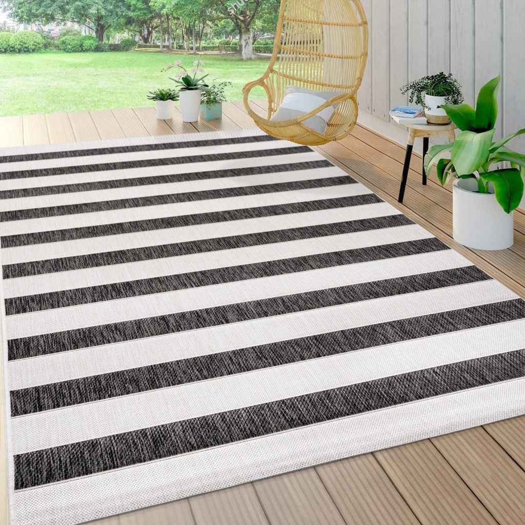 9' X 12' Black And Cream Striped Indoor Outdoor Area Rug