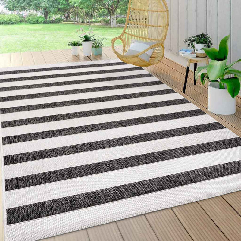 9' X 12' Black And Cream Striped Indoor Outdoor Area Rug