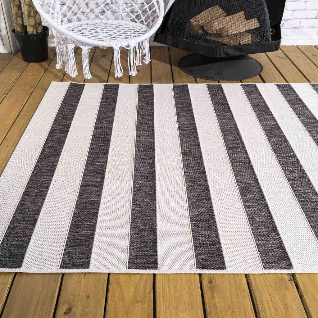 9' X 12' Black And Cream Striped Indoor Outdoor Area Rug