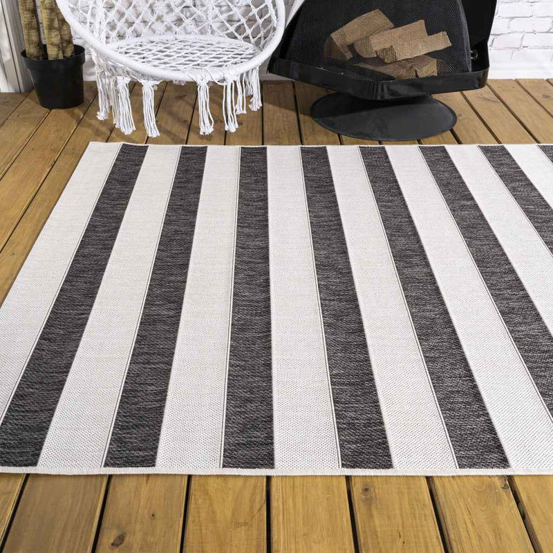 9' X 12' Black And Cream Striped Indoor Outdoor Area Rug