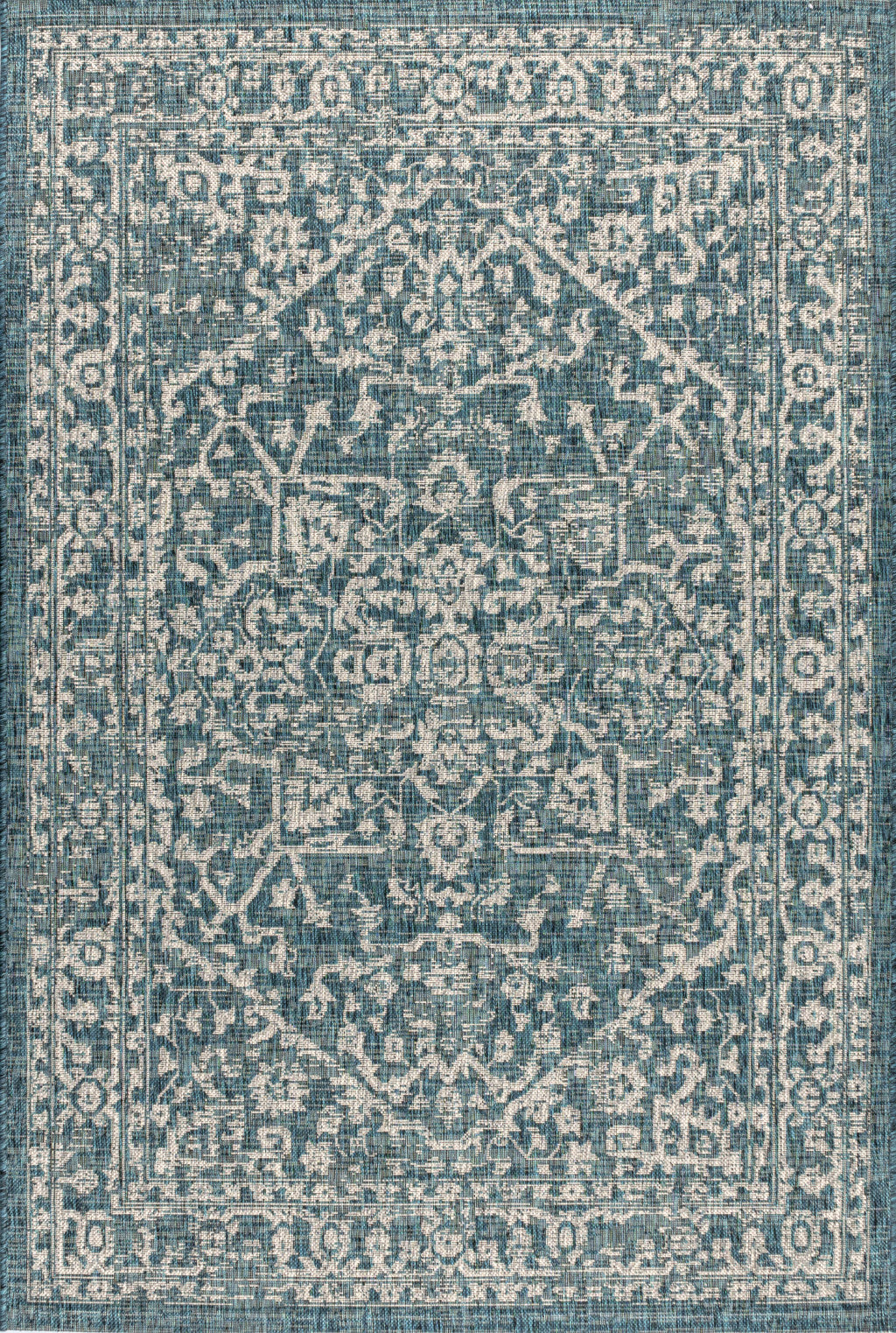 Teal blue indoor outdoor area rug with gray medallion and geometric border