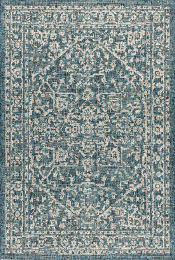 Teal blue indoor outdoor area rug with gray medallion and geometric border
