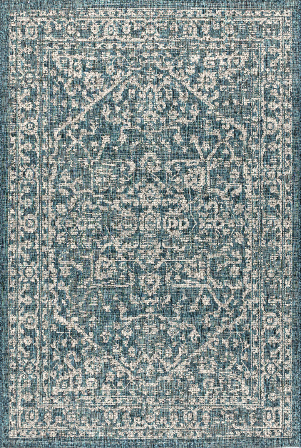 Teal blue indoor outdoor area rug with gray medallion and ornate corner motifs