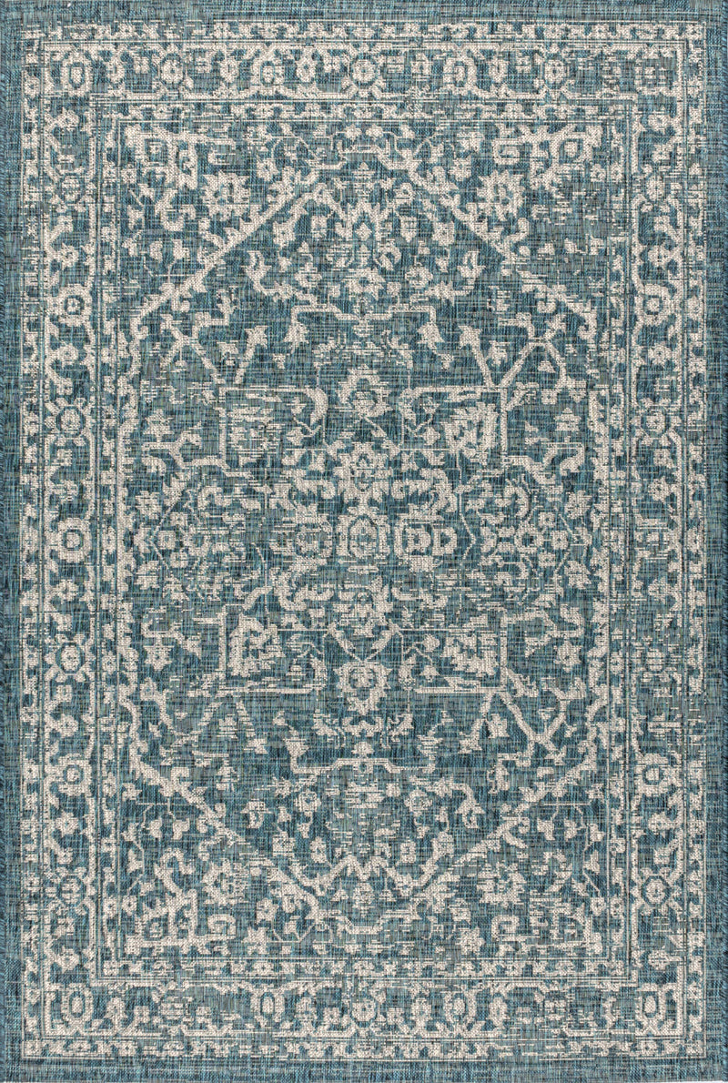 Teal blue indoor outdoor area rug with gray medallion and ornate corner motifs
