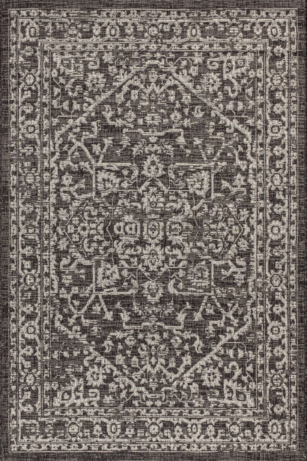 Gray and dark medallion area rug with detailed border pattern