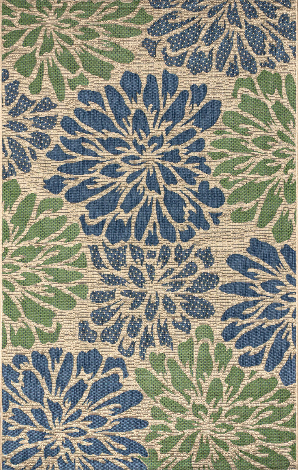 Indoor/outdoor area rug, navy and green floral pattern on light ground