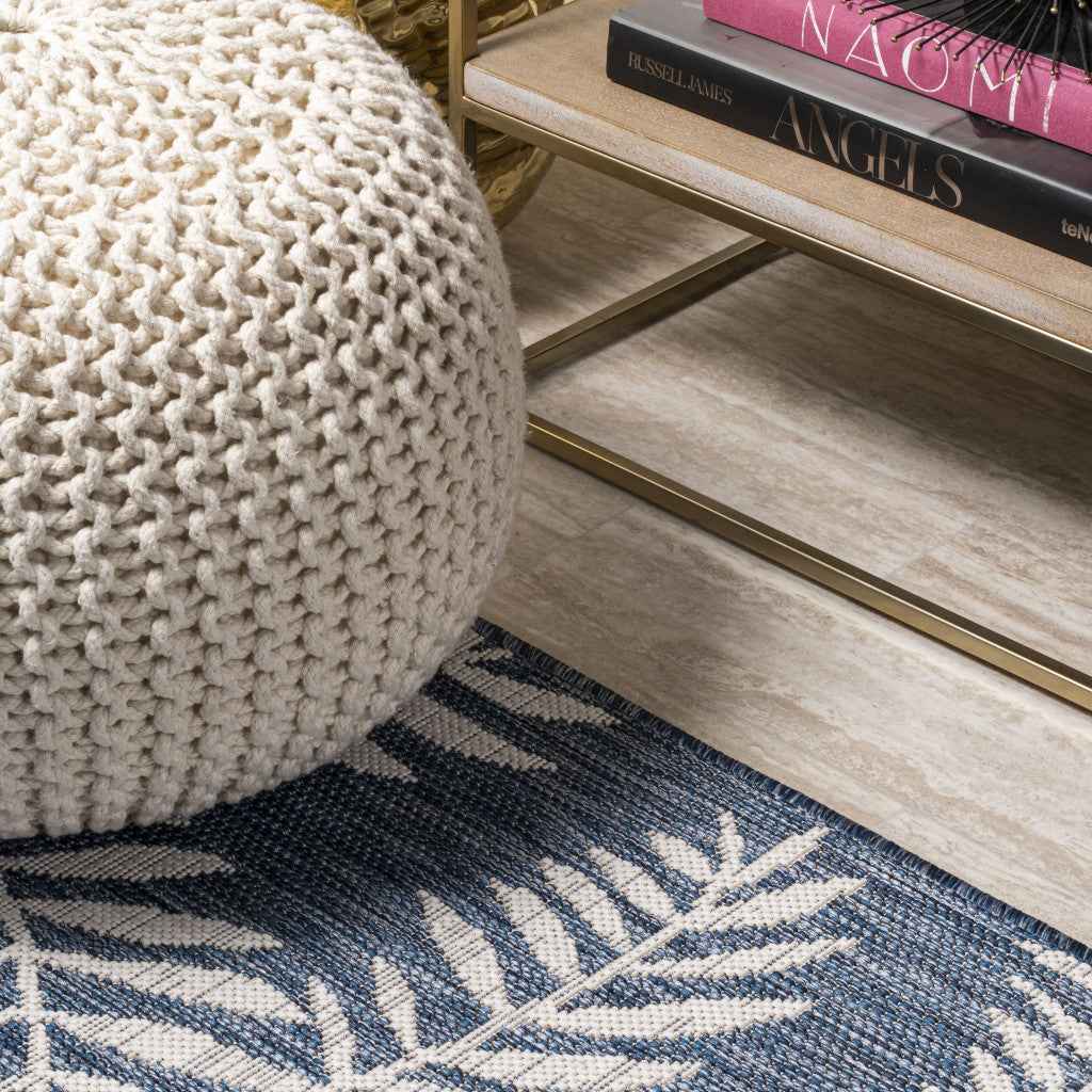 8' Navy Blue And Ivory Round Floral Indoor Outdoor Area Rug