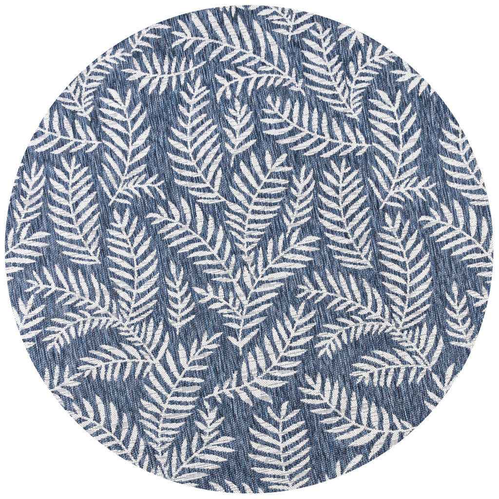 8' Navy Blue And Ivory Round Floral Indoor Outdoor Area Rug