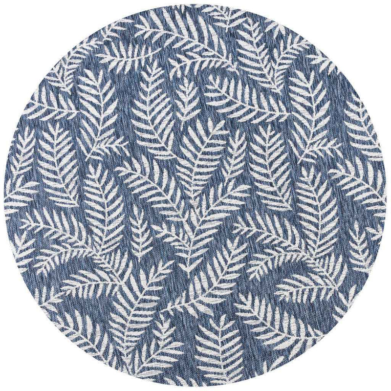 8' Navy Blue And Ivory Round Floral Indoor Outdoor Area Rug