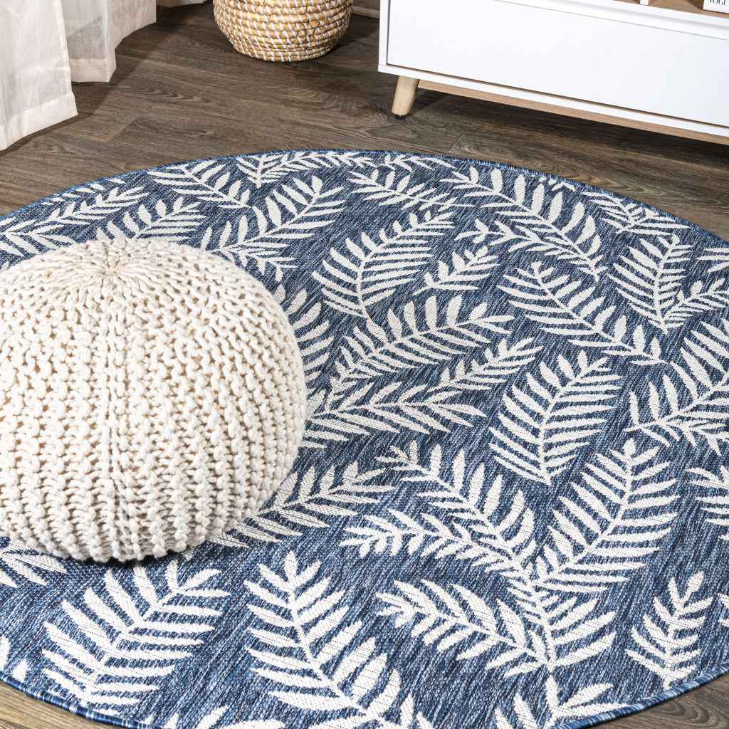 8' Navy Blue And Ivory Round Floral Indoor Outdoor Area Rug