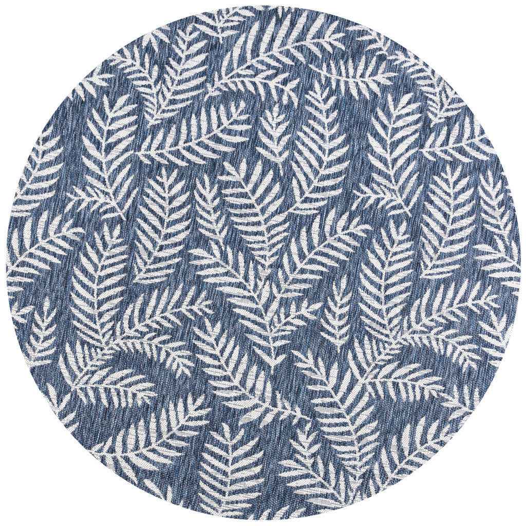 8' Navy Blue And Ivory Round Floral Indoor Outdoor Area Rug