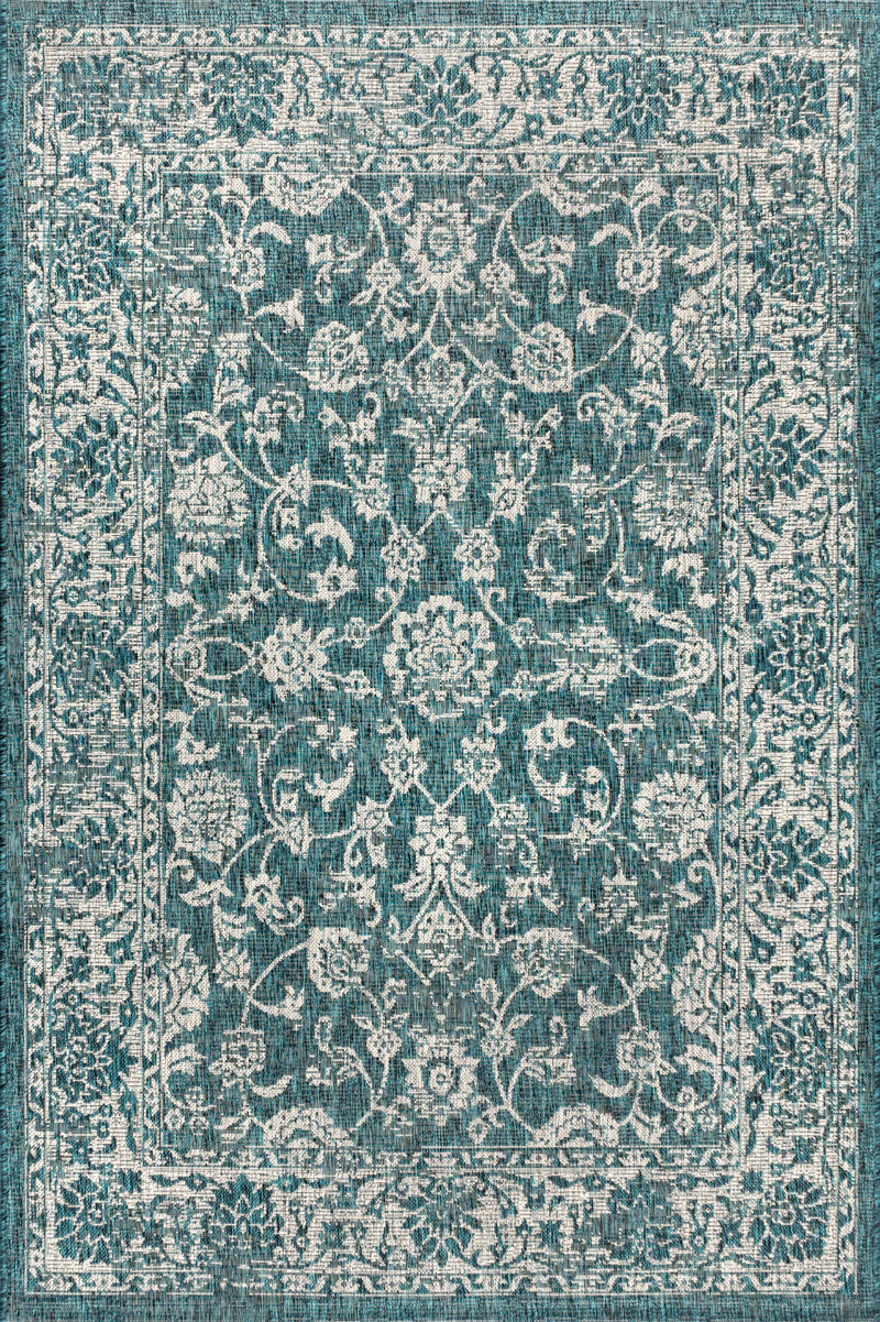 Teal and gray medallion area rug, detailed vine and floral motifs, bordered design