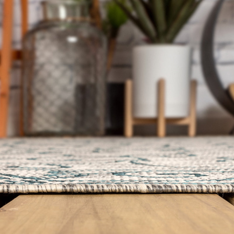 Indoor outdoor area rug with light gray and teal medallion pattern and braided border.