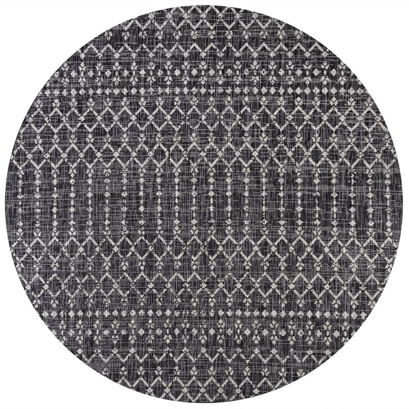 Round black and gray trellis area rug with diamond and lattice motif