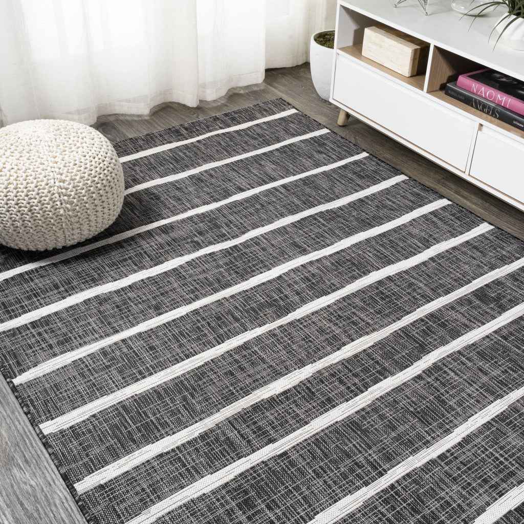 6' X 9' Black And Ivory Striped Indoor Outdoor Area Rug