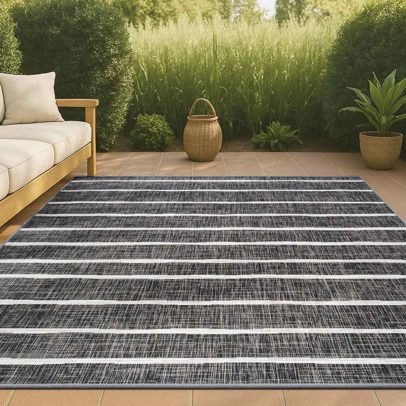 6' X 9' Black And Ivory Striped Indoor Outdoor Area Rug