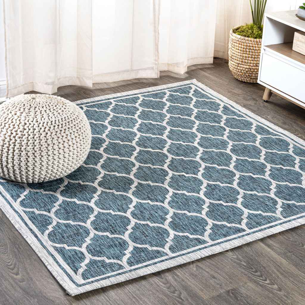 8' Teal Blue And Gray Square Geometric Indoor Outdoor Area Rug
