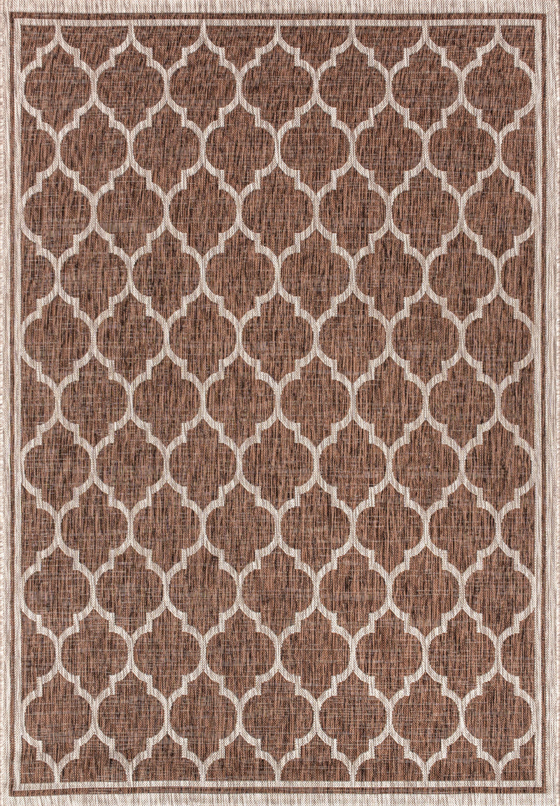 Geometric lattice indoor-outdoor rug in espresso brown with taupe outlines
