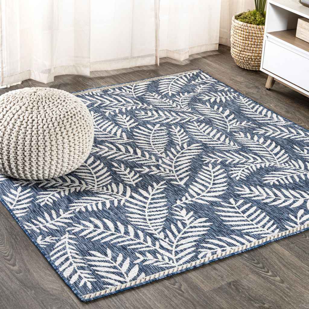 8' Navy Blue And Ivory Square Floral Indoor Outdoor Area Rug