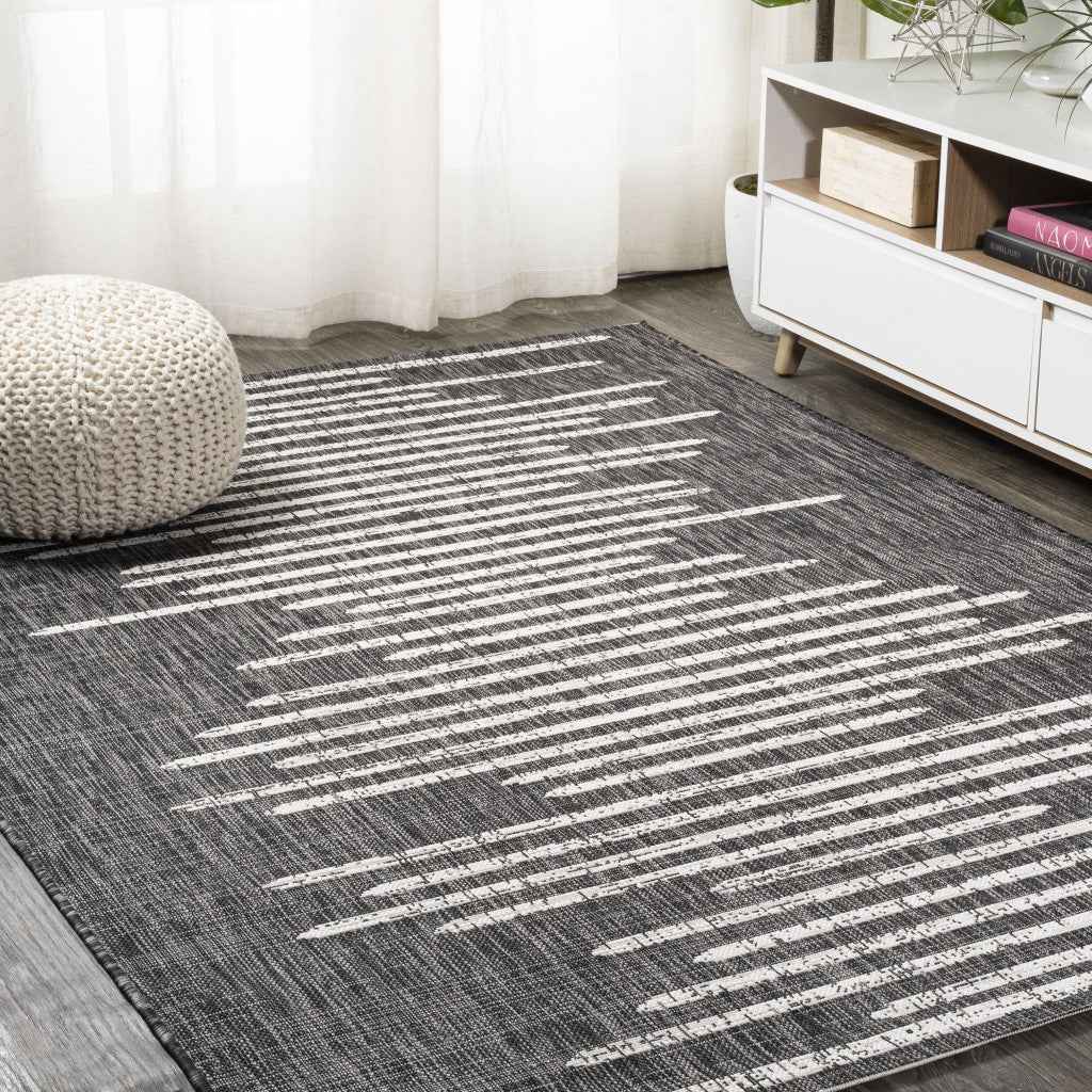 9' X 12' Black And Ivory Striped Indoor Outdoor Area Rug
