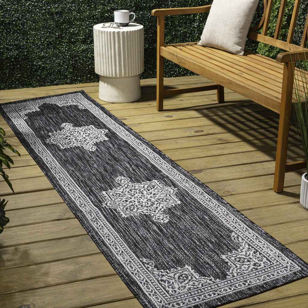 8' Dark Gray And Cream Medallion Indoor Outdoor Runner Rug