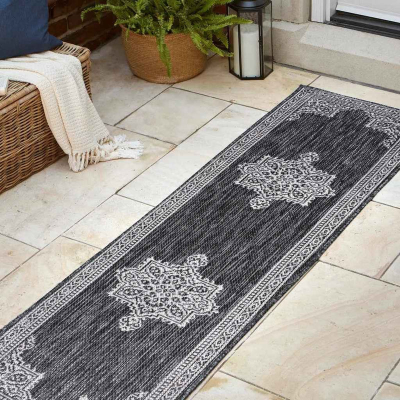 8' Dark Gray And Cream Medallion Indoor Outdoor Runner Rug