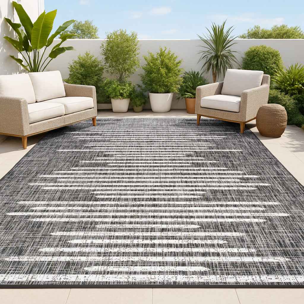 9' X 12' Black And Ivory Striped Indoor Outdoor Area Rug