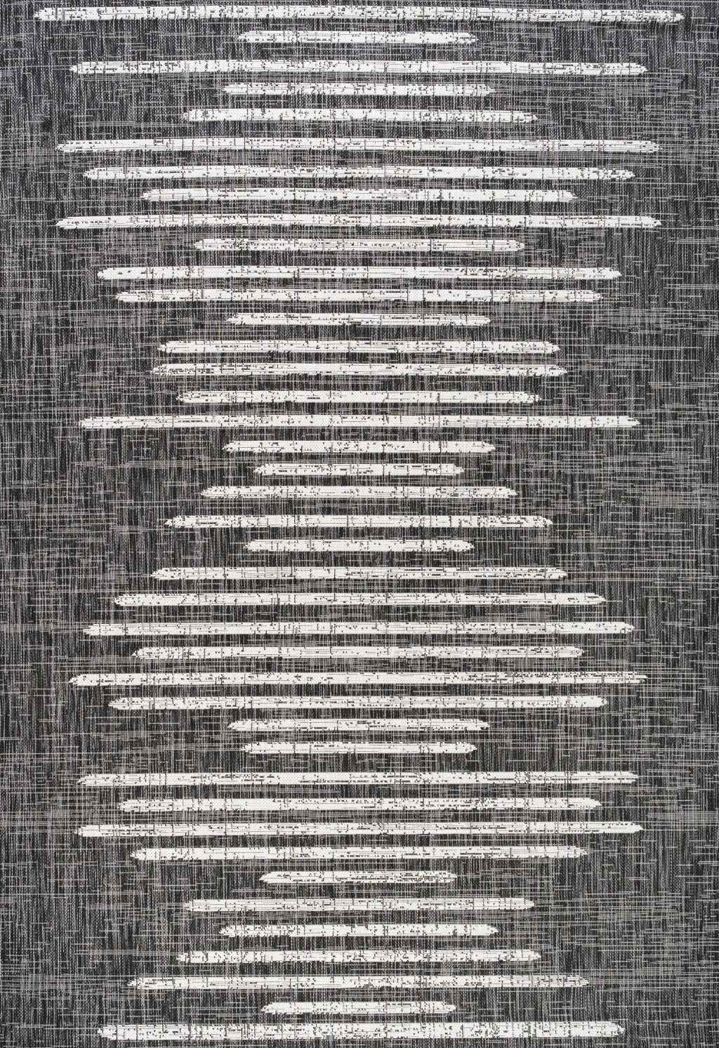 9' X 12' Black And Ivory Striped Indoor Outdoor Area Rug