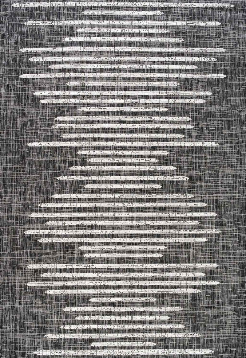 9' X 12' Black And Ivory Striped Indoor Outdoor Area Rug