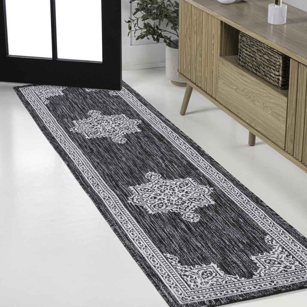 8' Dark Gray And Cream Medallion Indoor Outdoor Runner Rug