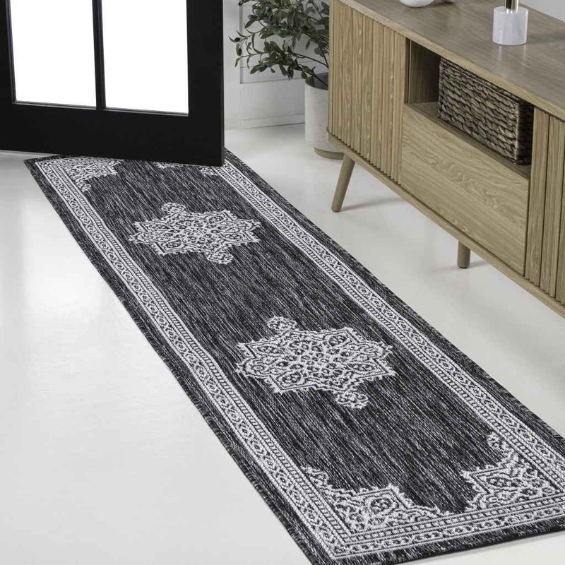 8' Dark Gray And Cream Medallion Indoor Outdoor Runner Rug
