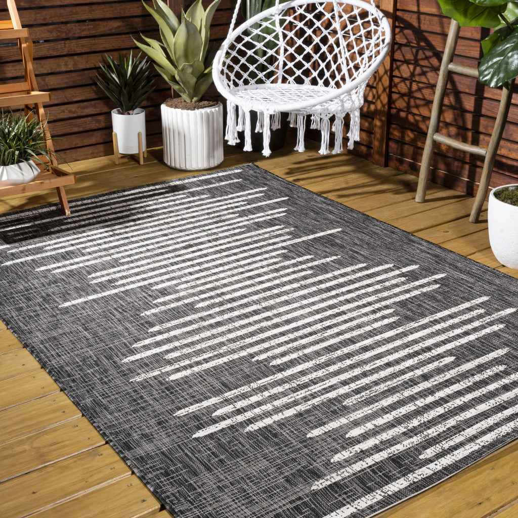 9' X 12' Black And Ivory Striped Indoor Outdoor Area Rug