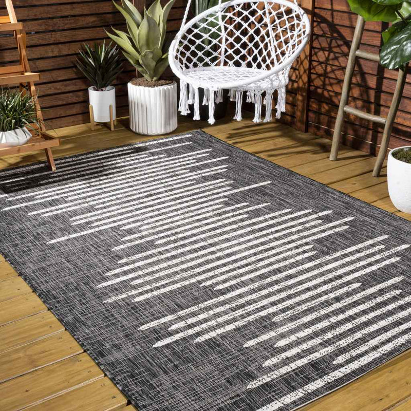 9' X 12' Black And Ivory Striped Indoor Outdoor Area Rug