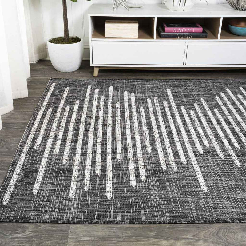 9' X 12' Black And Ivory Striped Indoor Outdoor Area Rug