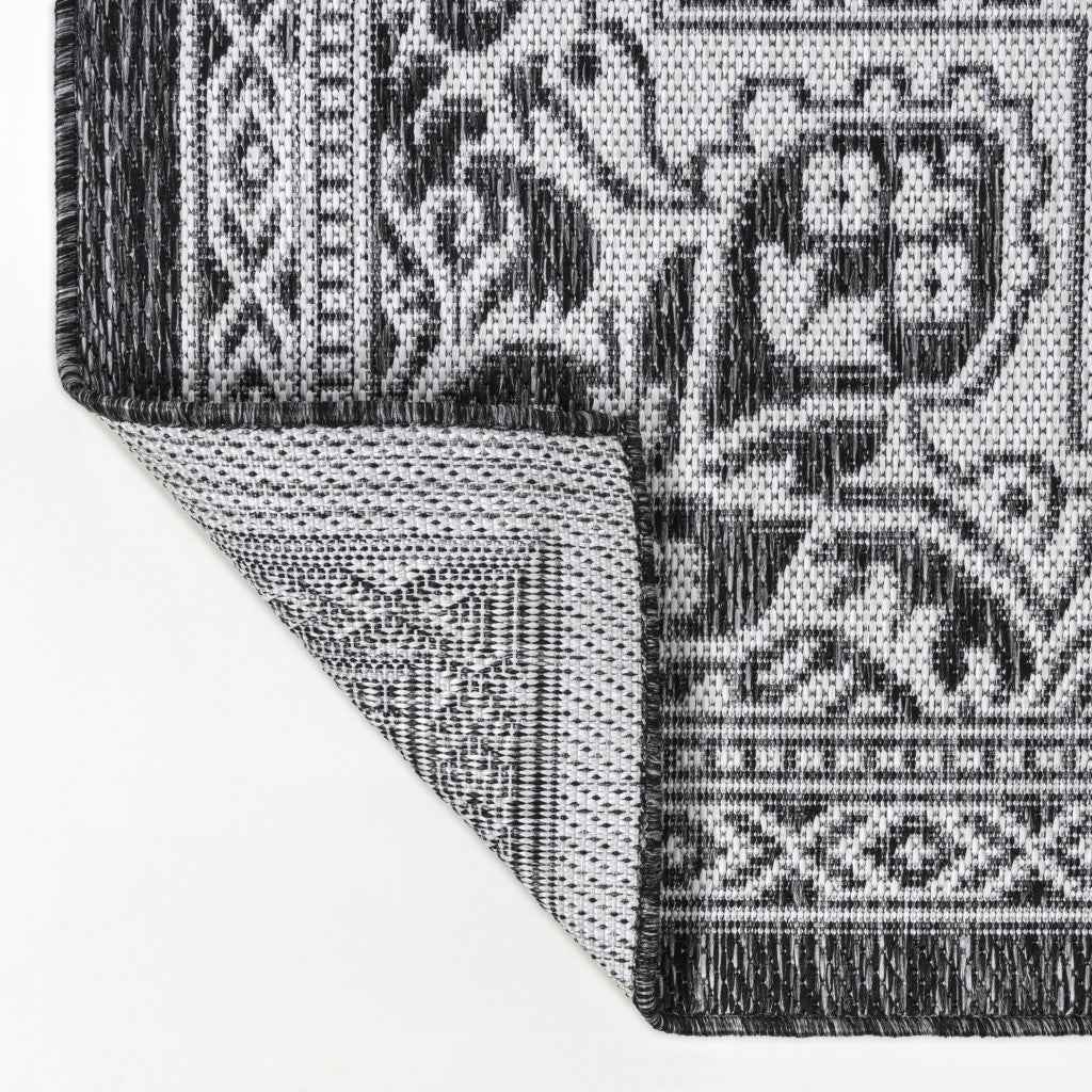 8' Dark Gray And Cream Medallion Indoor Outdoor Runner Rug