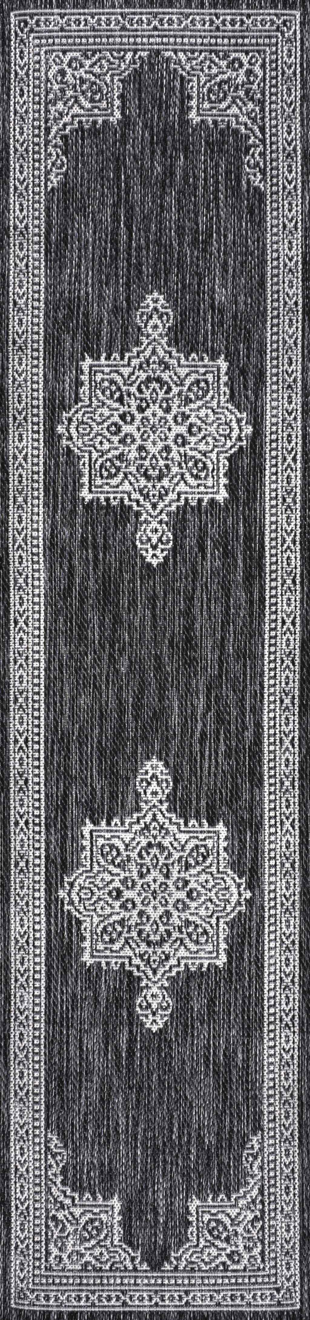 8' Dark Gray And Cream Medallion Indoor Outdoor Runner Rug