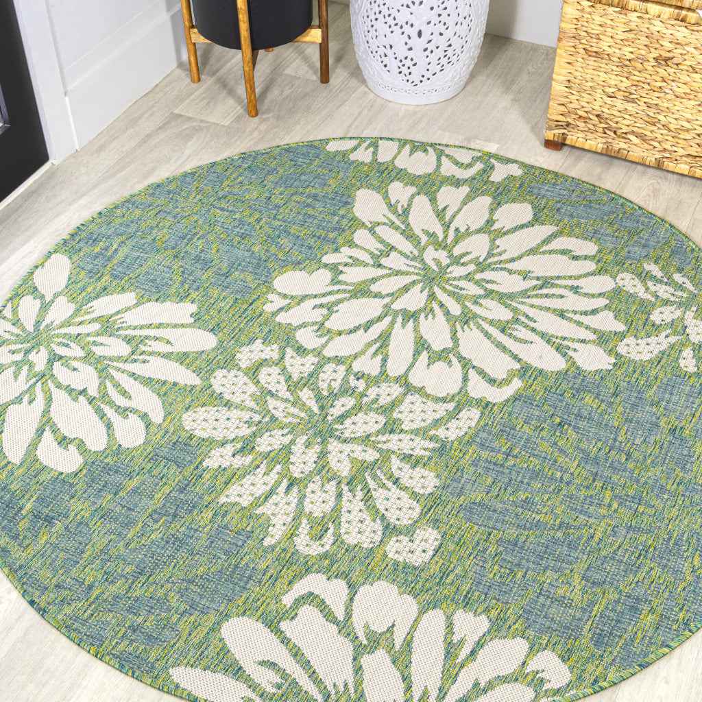8' Cream And Green Round Floral Indoor Outdoor Area Rug