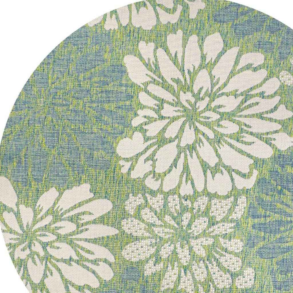8' Cream And Green Round Floral Indoor Outdoor Area Rug