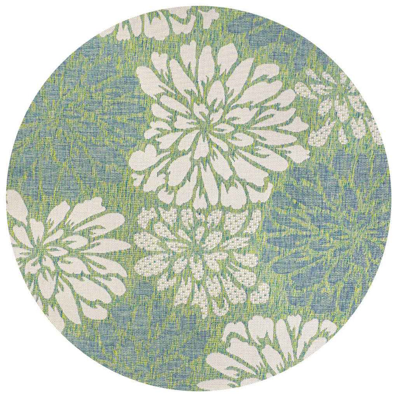 8' Cream And Green Round Floral Indoor Outdoor Area Rug